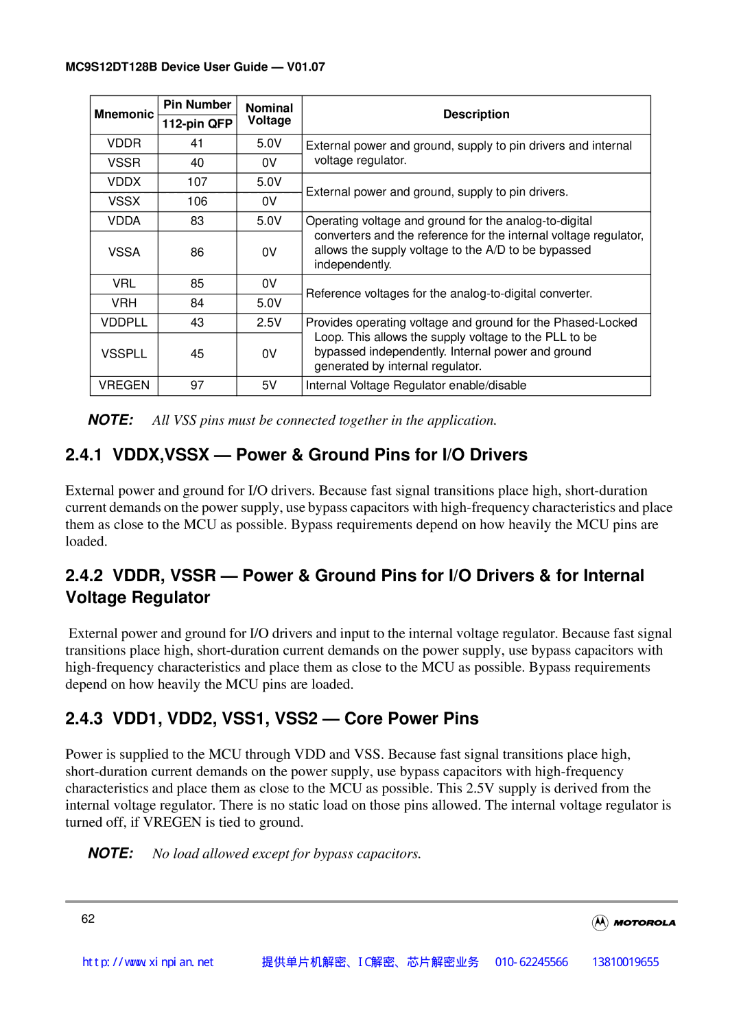 Motorola MC9S12DJ128B manual VDDX,VSSX Power & Ground Pins for I/O Drivers, 3 VDD1, VDD2, VSS1, VSS2 Core Power Pins, Vssa 