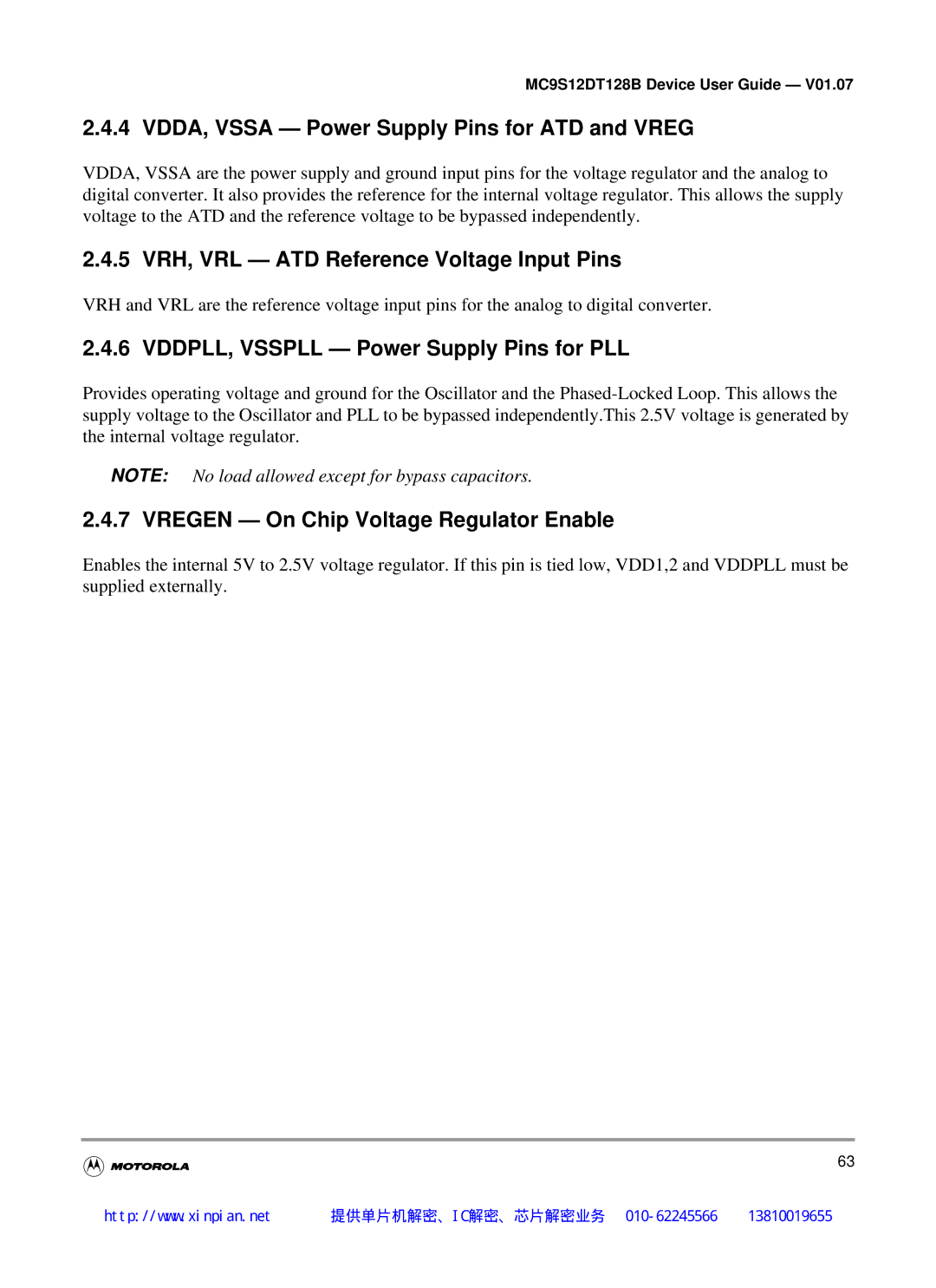 Motorola MC9S12DG128B manual VDDA, Vssa Power Supply Pins for ATD and Vreg, 5 VRH, VRL ATD Reference Voltage Input Pins 