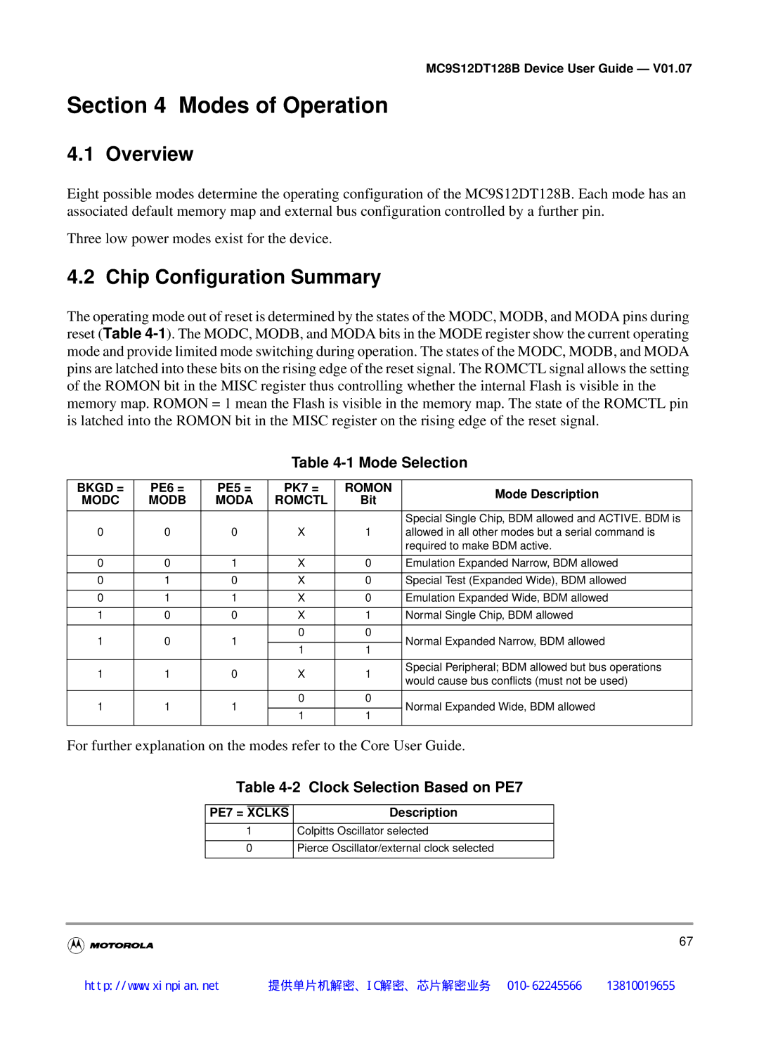 Motorola MC9S12DG128B manual Modes of Operation, Chip Configuration Summary, Mode Selection, Clock Selection Based on PE7 