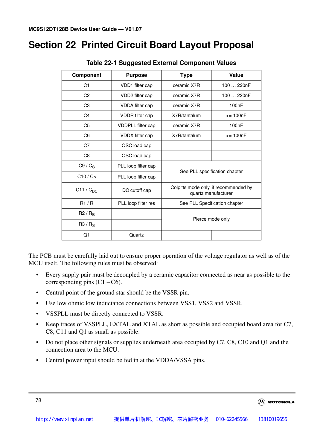 Motorola MC9S12DJ128B, MC9S12DT128B manual Printed Circuit Board Layout Proposal, Suggested External Component Values 