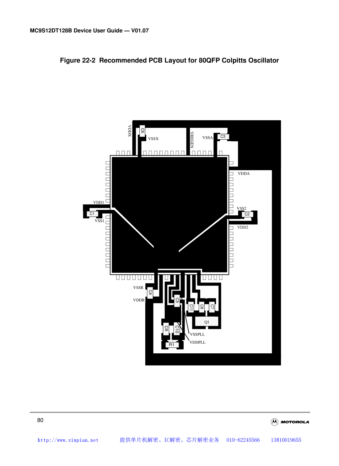 Motorola MC9S12DT128B, MC9S12DB128B, MC9S12DJ128B, MC9S12DG128B manual Recommended PCB Layout for 80QFP Colpitts Oscillator 