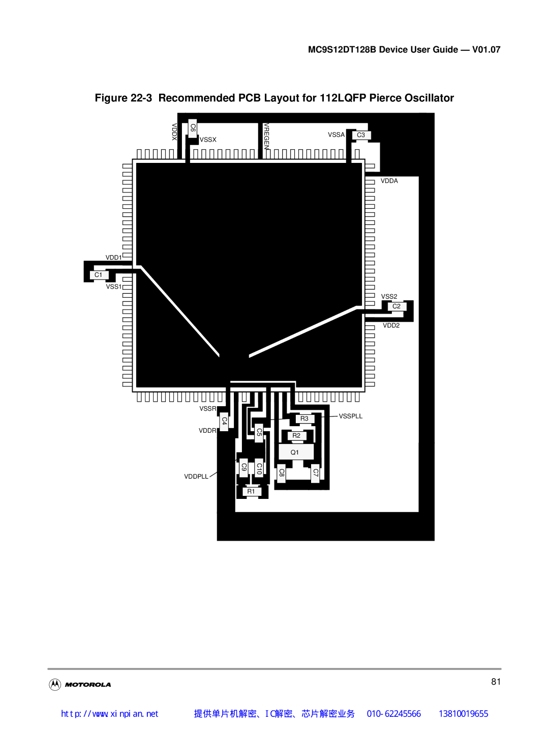 Motorola MC9S12DB128B, MC9S12DT128B, MC9S12DJ128B, MC9S12DG128B manual Recommended PCB Layout for 112LQFP Pierce Oscillator 