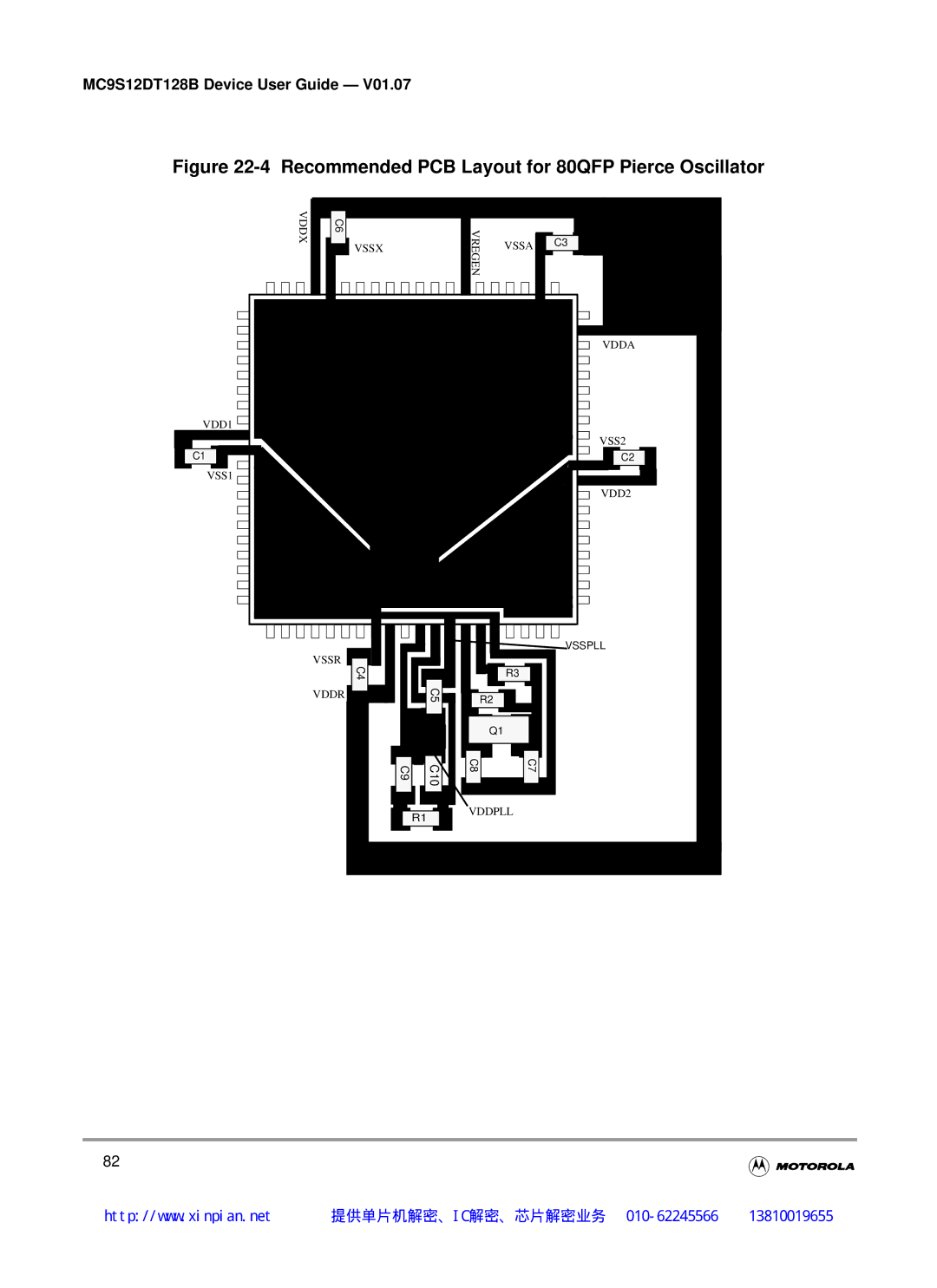 Motorola MC9S12DJ128B, MC9S12DT128B, MC9S12DB128B, MC9S12DG128B manual Recommended PCB Layout for 80QFP Pierce Oscillator 