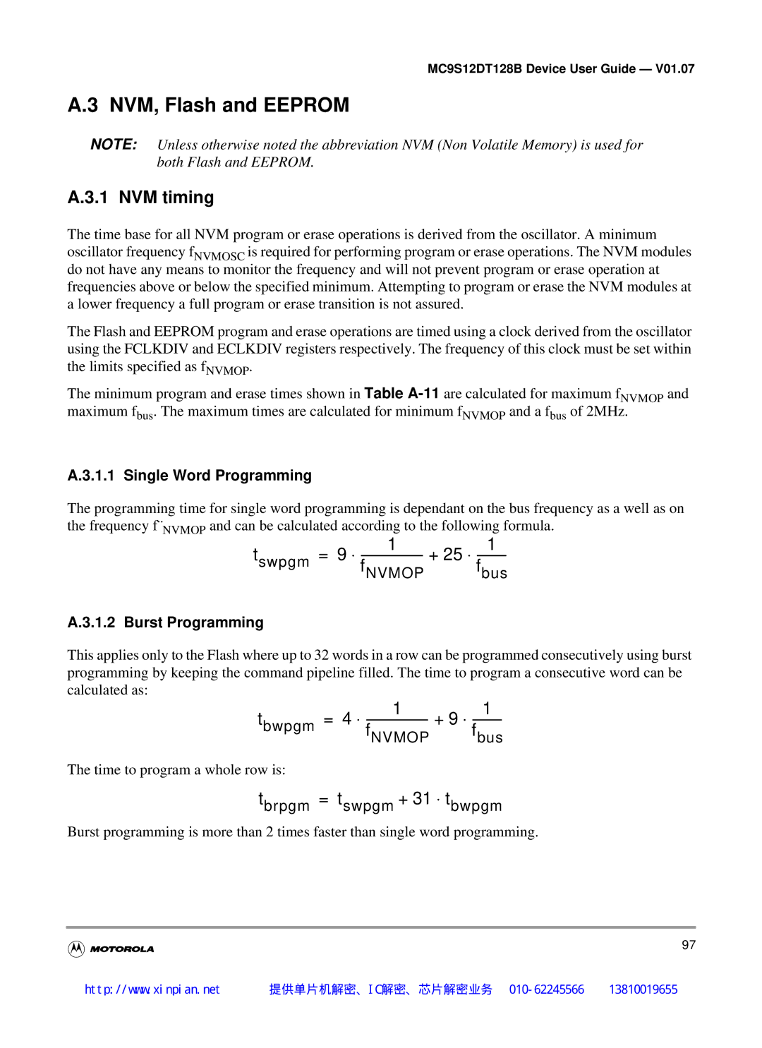 Motorola MC9S12DB128B, MC9S12DT128B manual NVM, Flash and Eeprom, NVM timing, Single Word Programming, Burst Programming 