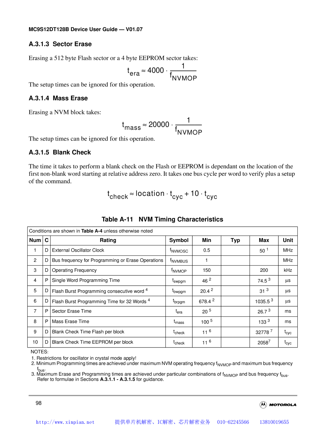 Motorola MC9S12DJ128B, MC9S12DT128B manual Sector Erase, Mass Erase, Blank Check, Table A-11 NVM Timing Characteristics 