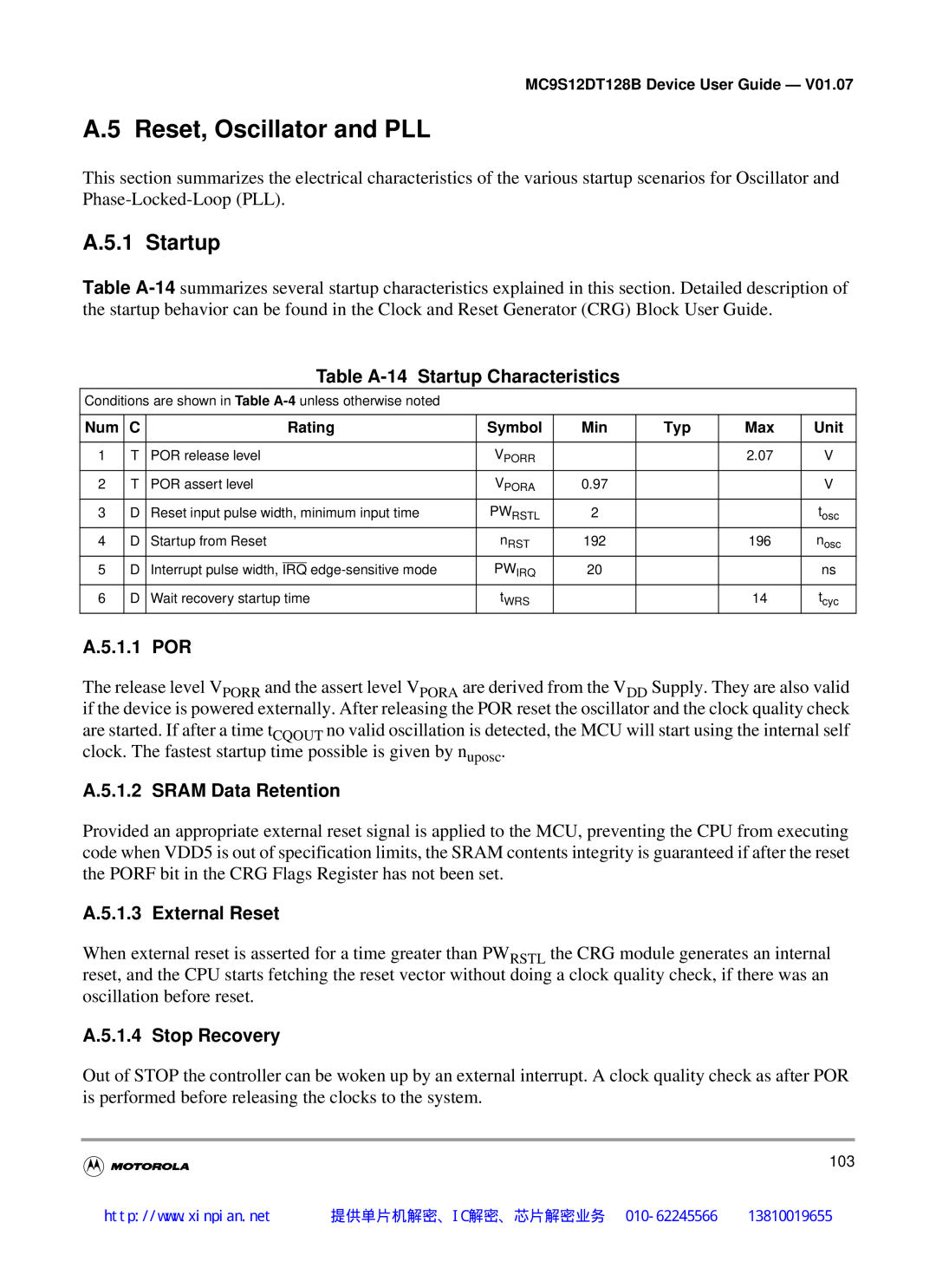 Motorola MC9S12DG128B manual A.5 Reset, Oscillator and PLL, A.5.1 Startup, Table A-14 Startup Characteristics, A.5.1.1 POR 