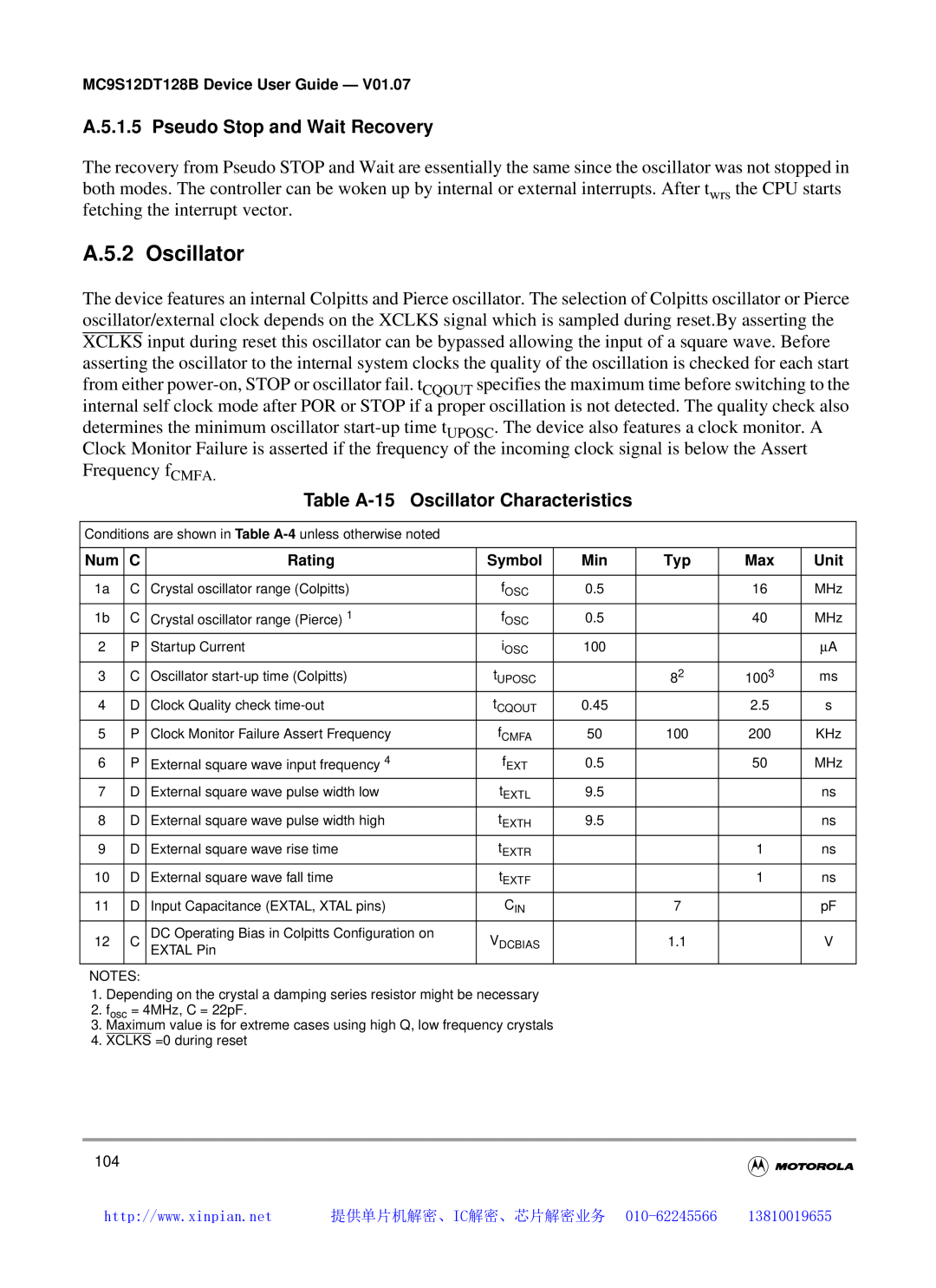 Motorola MC9S12DT128B manual A.5.2 Oscillator, A.5.1.5 Pseudo Stop and Wait Recovery, Table A-15 Oscillator Characteristics 