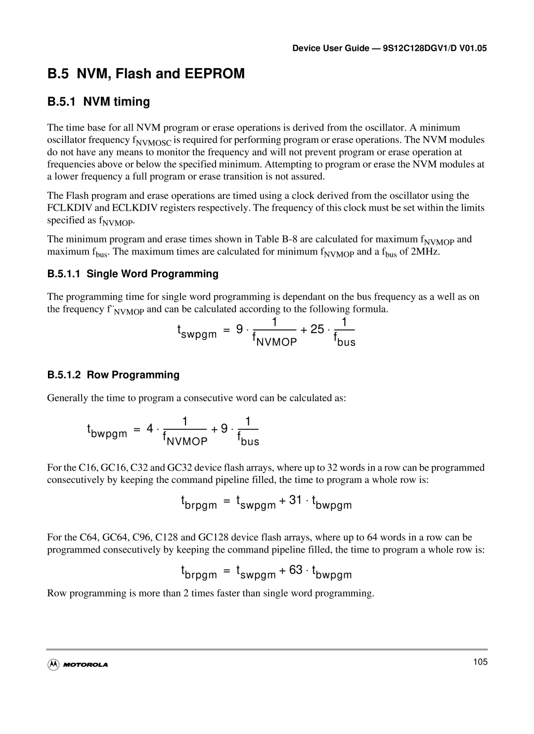 Motorola MC9S12C-Family, MC9S12GC-Family NVM, Flash and Eeprom, NVM timing, Single Word Programming, Row Programming 