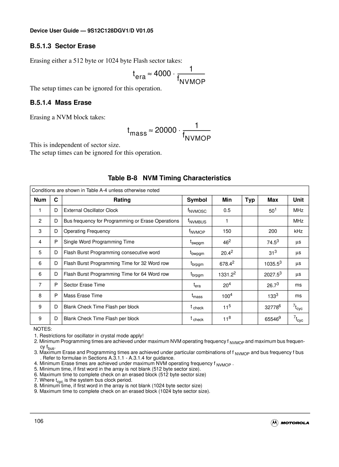 Motorola MC9S12GC-Family, MC9S12C-Family warranty Sector Erase, Mass Erase, Table B-8 NVM Timing Characteristics 