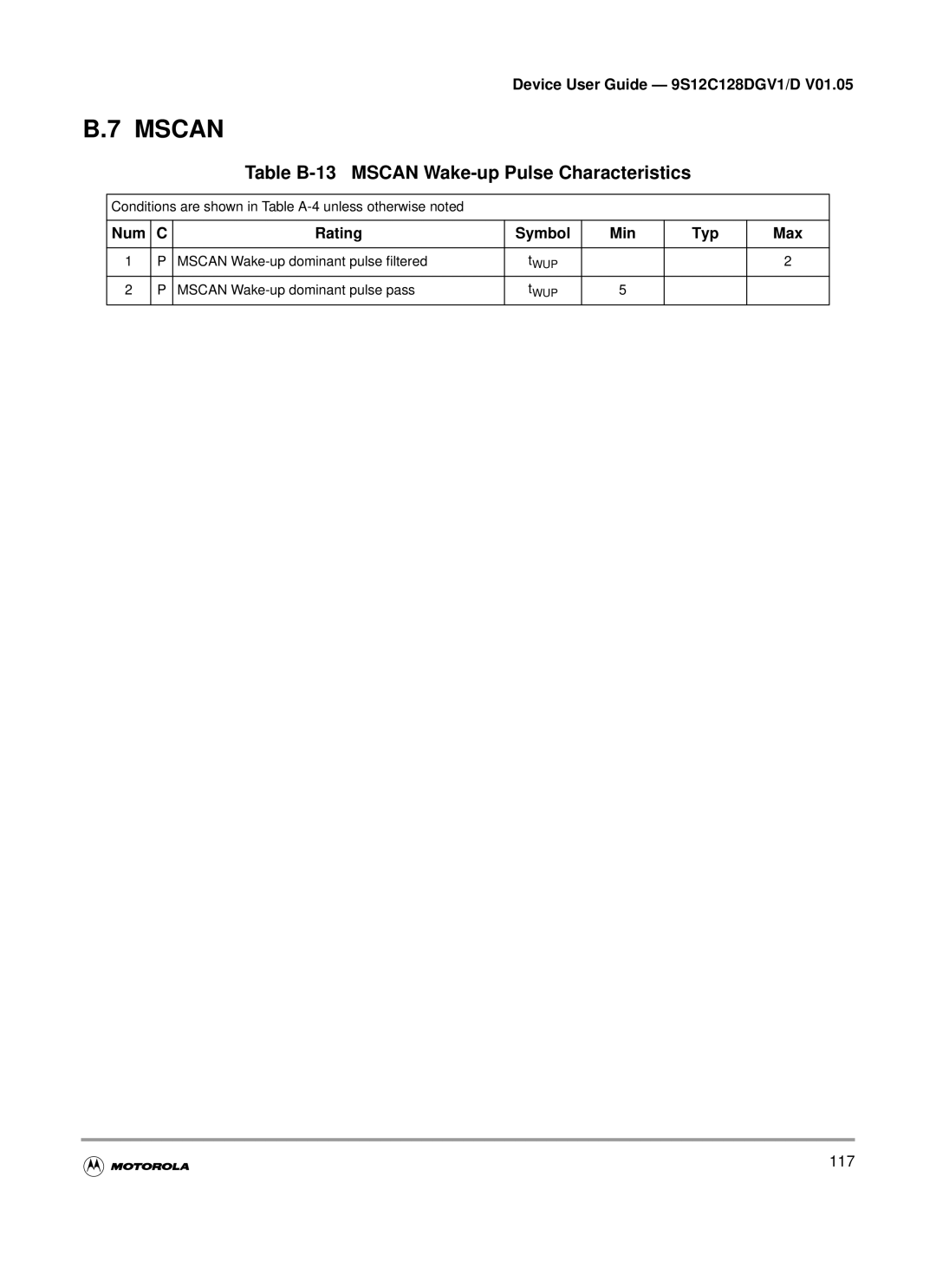 Motorola MC9S12C-Family, MC9S12GC-Family Table B-13 Mscan Wake-up Pulse Characteristics, Num Rating Symbol Min Typ Max 