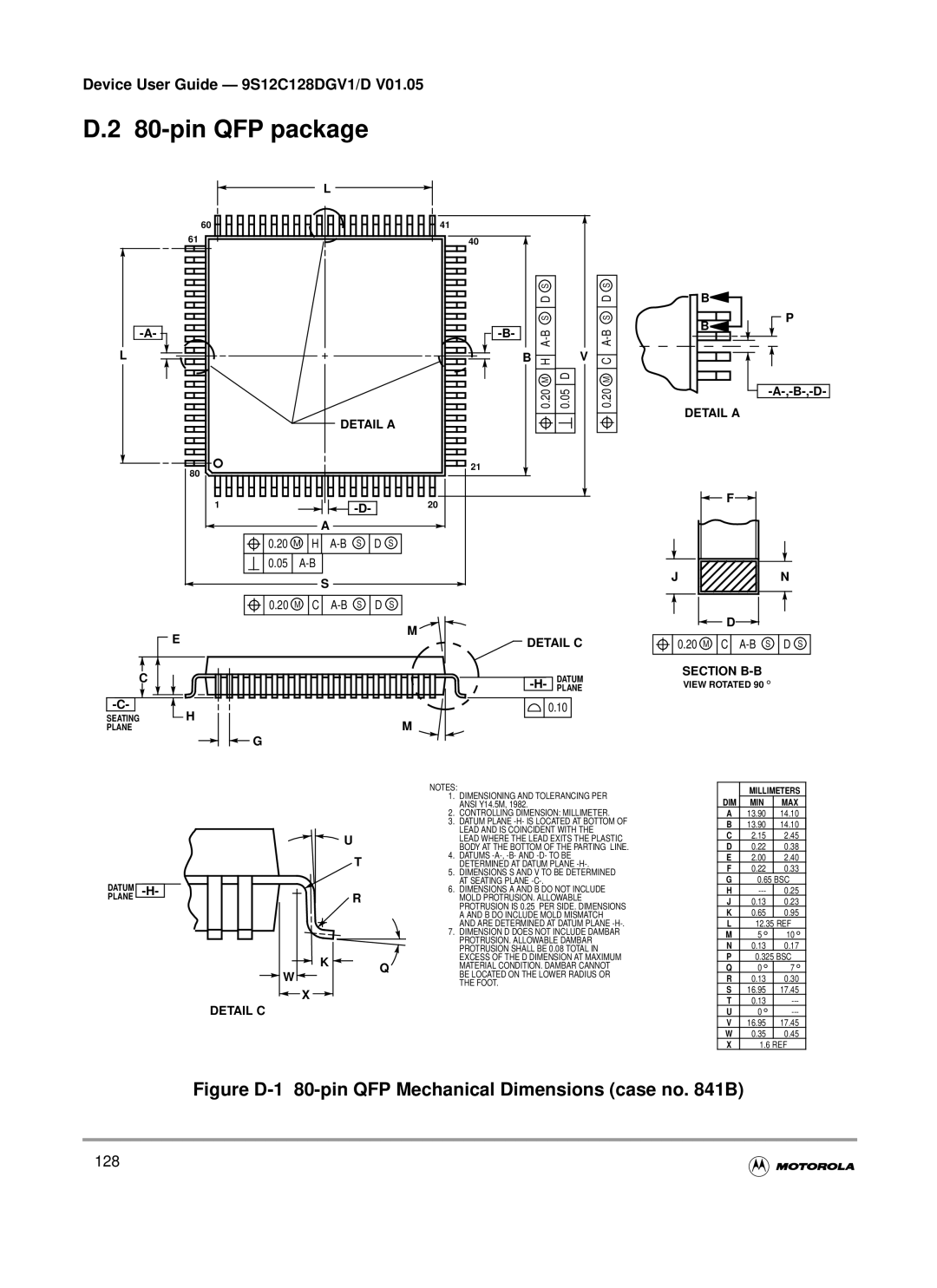Motorola MC9S12GC-Family, MC9S12C-Family warranty pin QFP package, Figure D-1 80-pin QFP Mechanical Dimensions case no B 