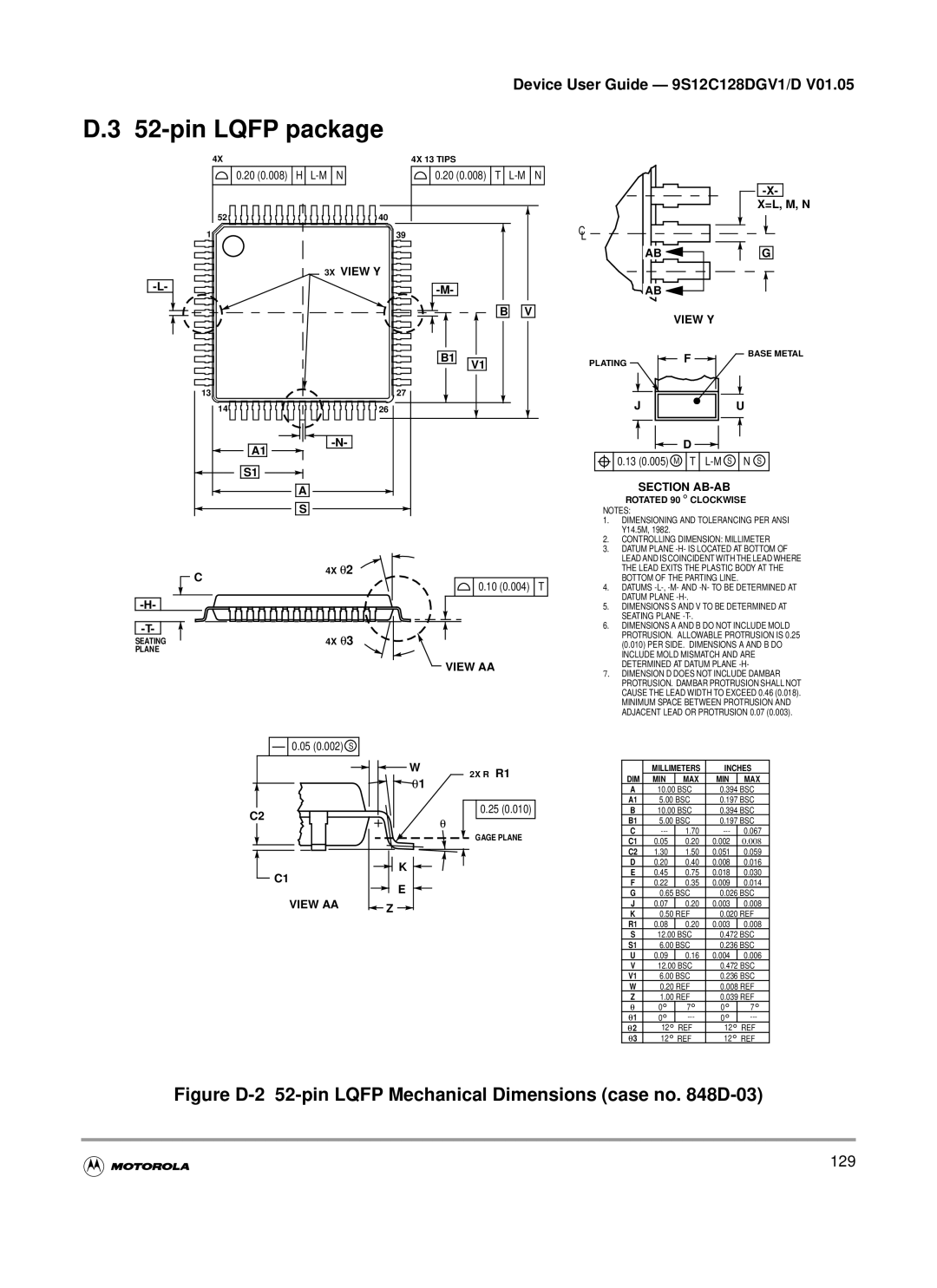 Motorola MC9S12C-Family, MC9S12GC-Family pin Lqfp package, Figure D-2 52-pin Lqfp Mechanical Dimensions case no D-03 