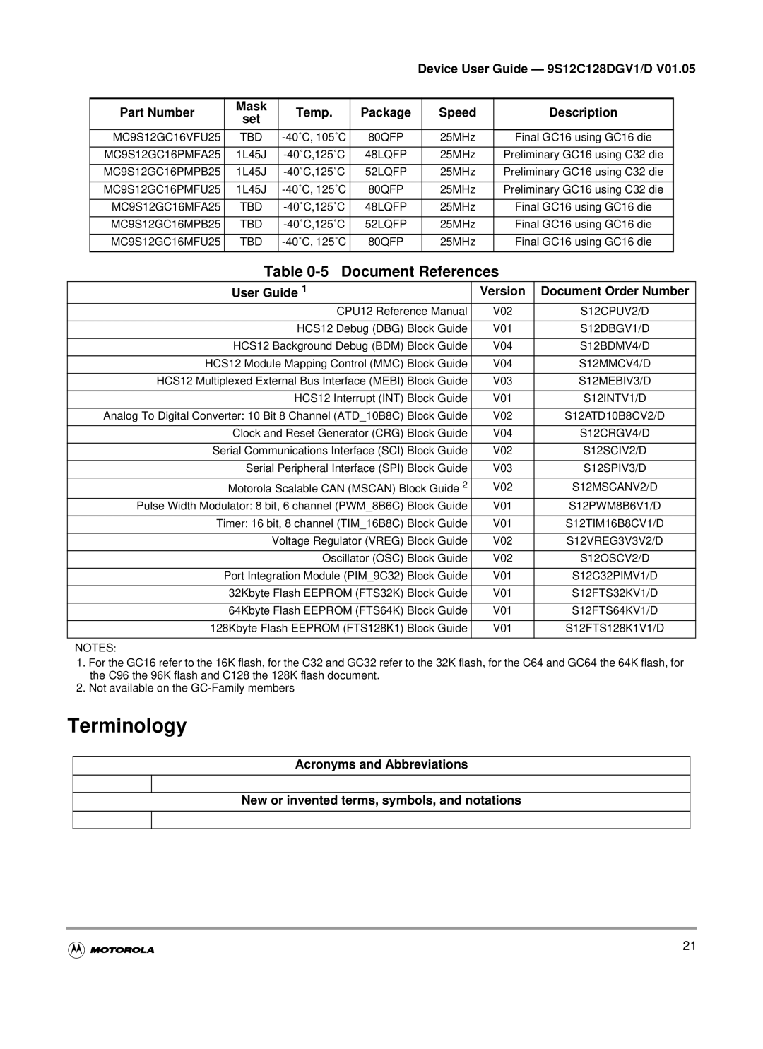 Motorola MC9S12C-Family, MC9S12GC-Family warranty Terminology, Document References, User Guide Version Document Order Number 