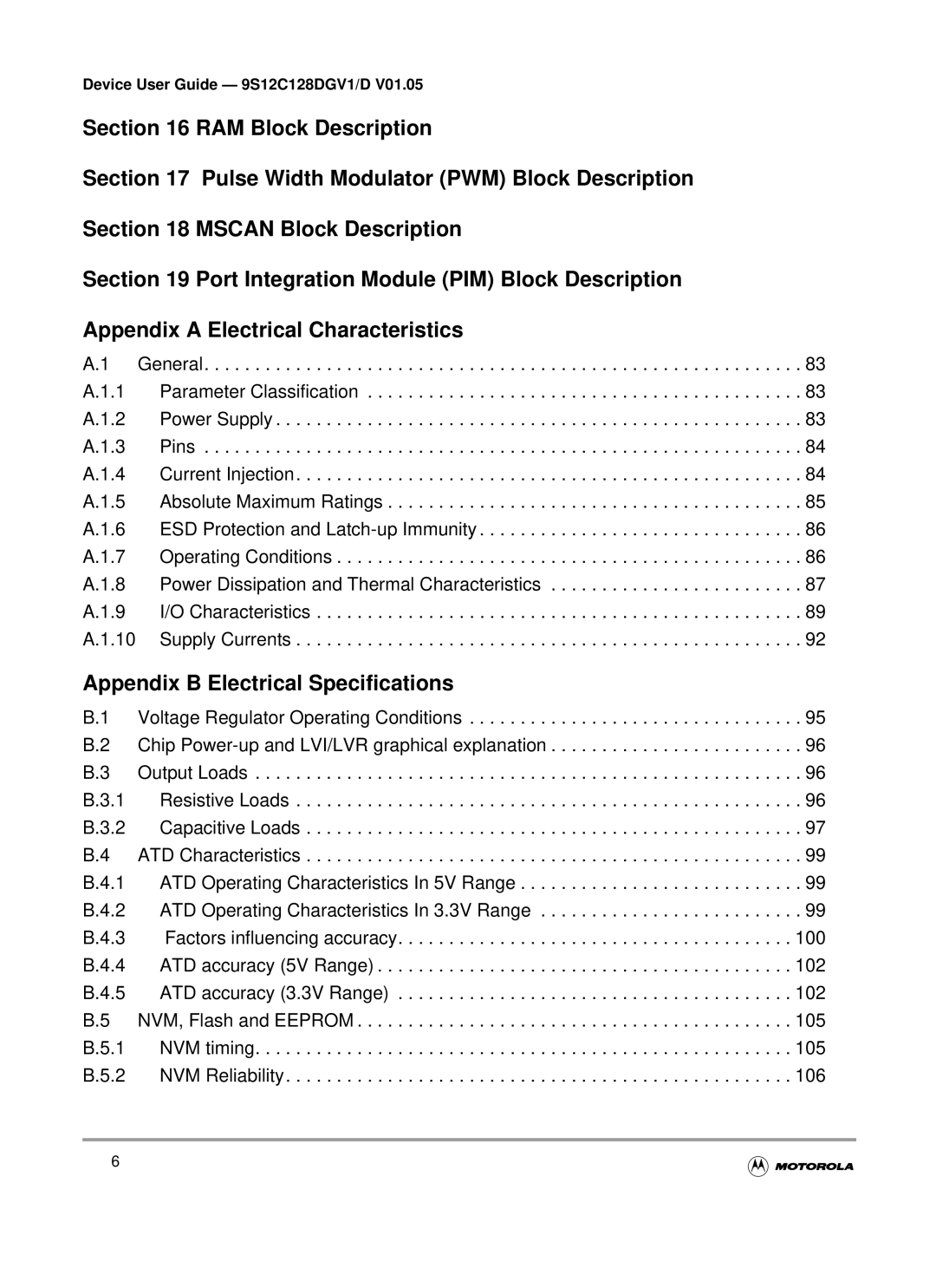 Motorola MC9S12GC-Family, MC9S12C-Family warranty Appendix B Electrical Specifications 