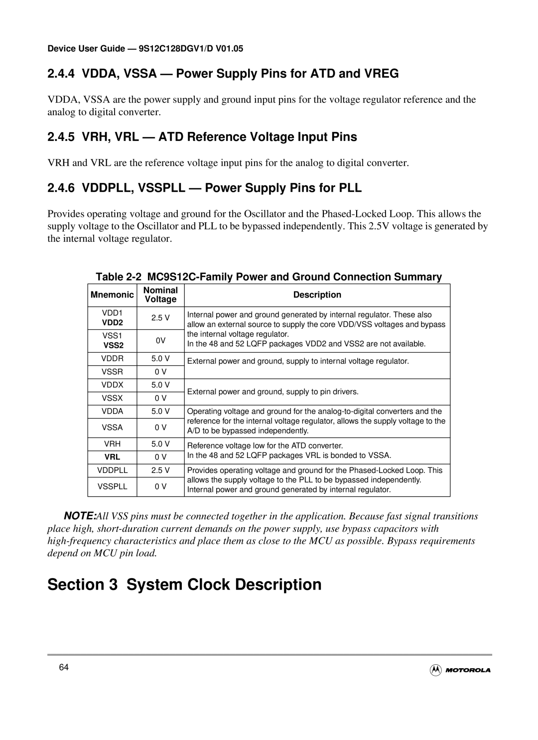 Motorola MC9S12GC-Family, MC9S12C-Family warranty System Clock Description, VDDA, Vssa Power Supply Pins for ATD and Vreg 