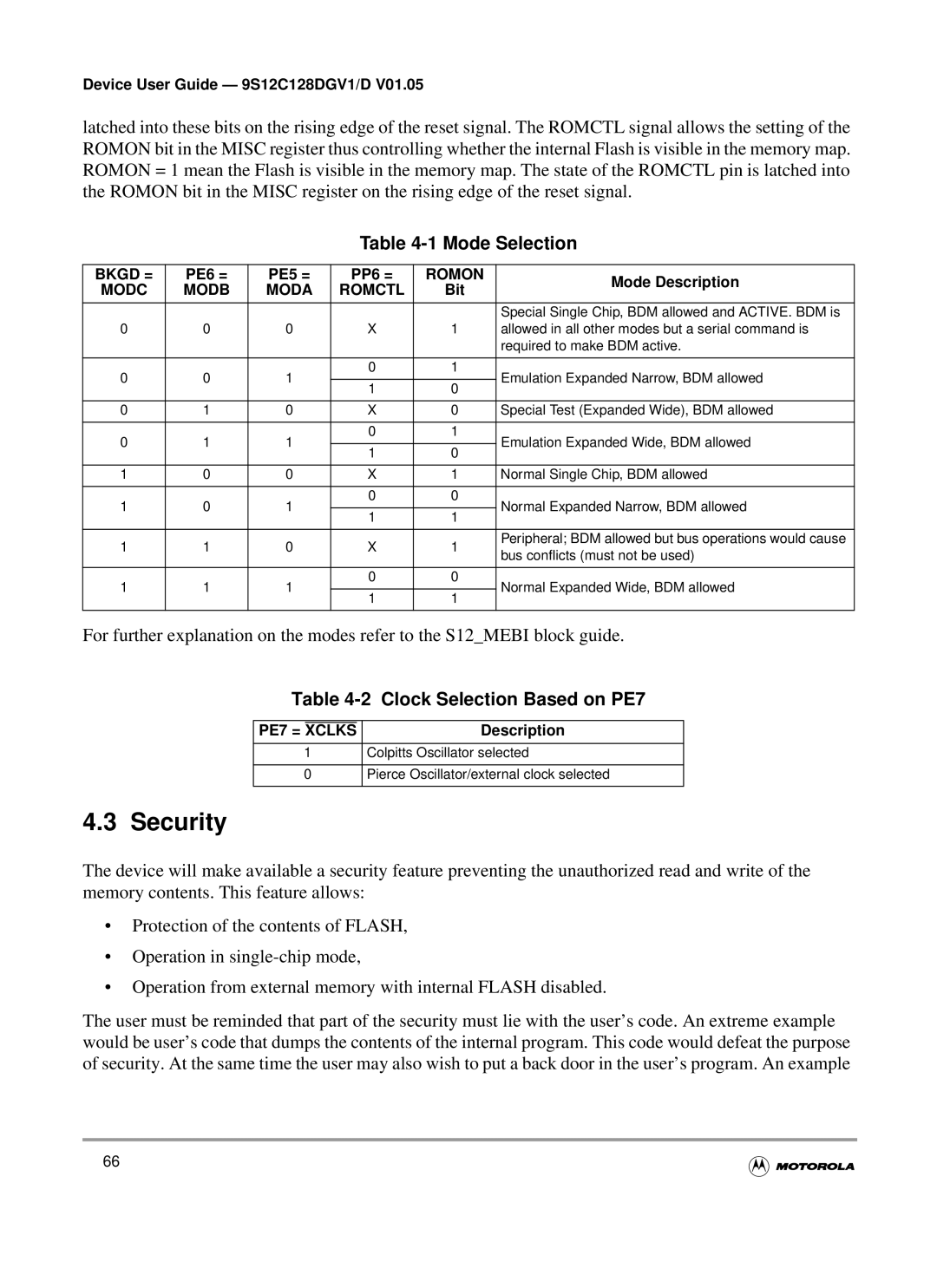 Motorola MC9S12GC-Family, MC9S12C-Family warranty Security, Mode Selection, Clock Selection Based on PE7 