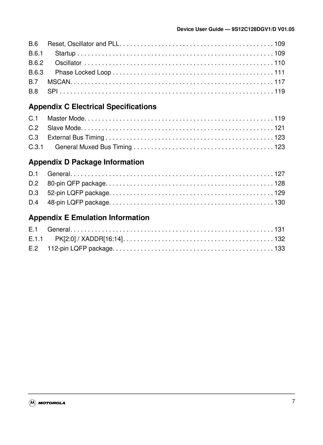 Motorola MC9S12C-Family, MC9S12GC-Family warranty Appendix C Electrical Specifications, Appendix D Package Information 