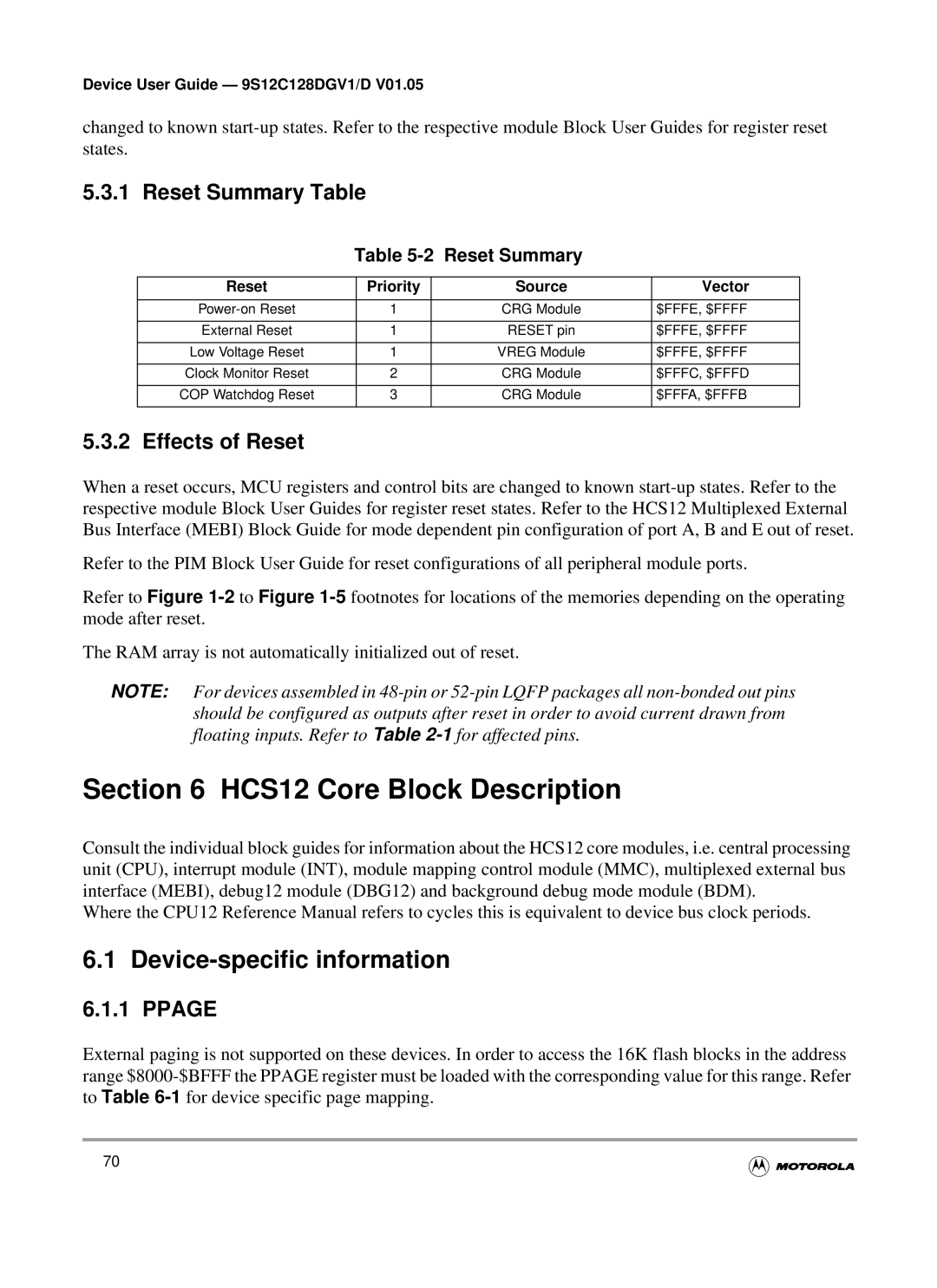 Motorola MC9S12GC-Family HCS12 Core Block Description, Device-specific information, Reset Summary Table, Effects of Reset 