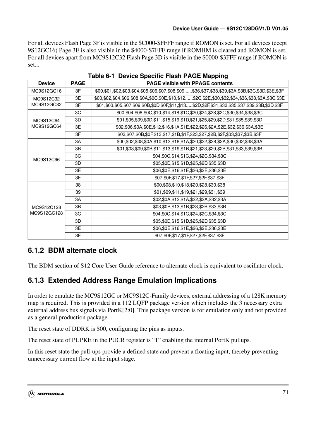 Motorola MC9S12C-Family, MC9S12GC-Family warranty BDM alternate clock, Extended Address Range Emulation Implications 