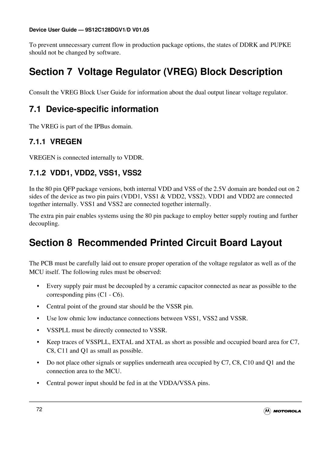 Motorola MC9S12GC-Family Voltage Regulator Vreg Block Description, Recommended Printed Circuit Board Layout, Vregen 