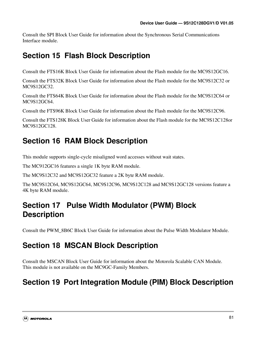 Motorola MC9S12C-Family Flash Block Description, RAM Block Description, Pulse Width Modulator PWM Block Description 