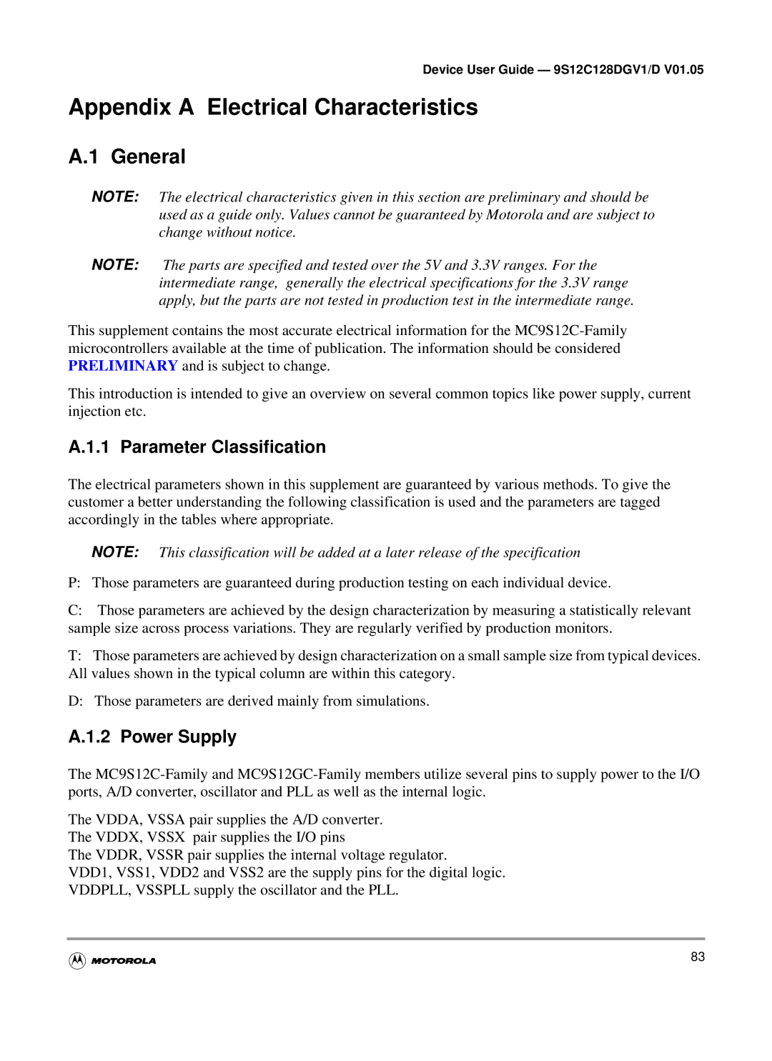 Motorola MC9S12C-Family warranty Appendix a Electrical Characteristics, General, Parameter Classification, Power Supply 