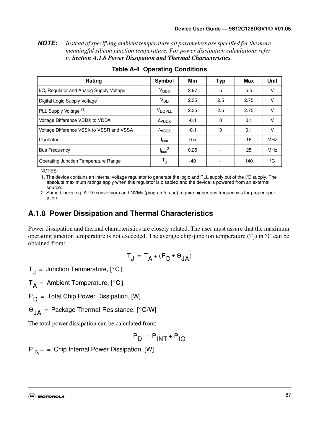 Motorola MC9S12C-Family, MC9S12GC-Family Power Dissipation and Thermal Characteristics, Table A-4 Operating Conditions 