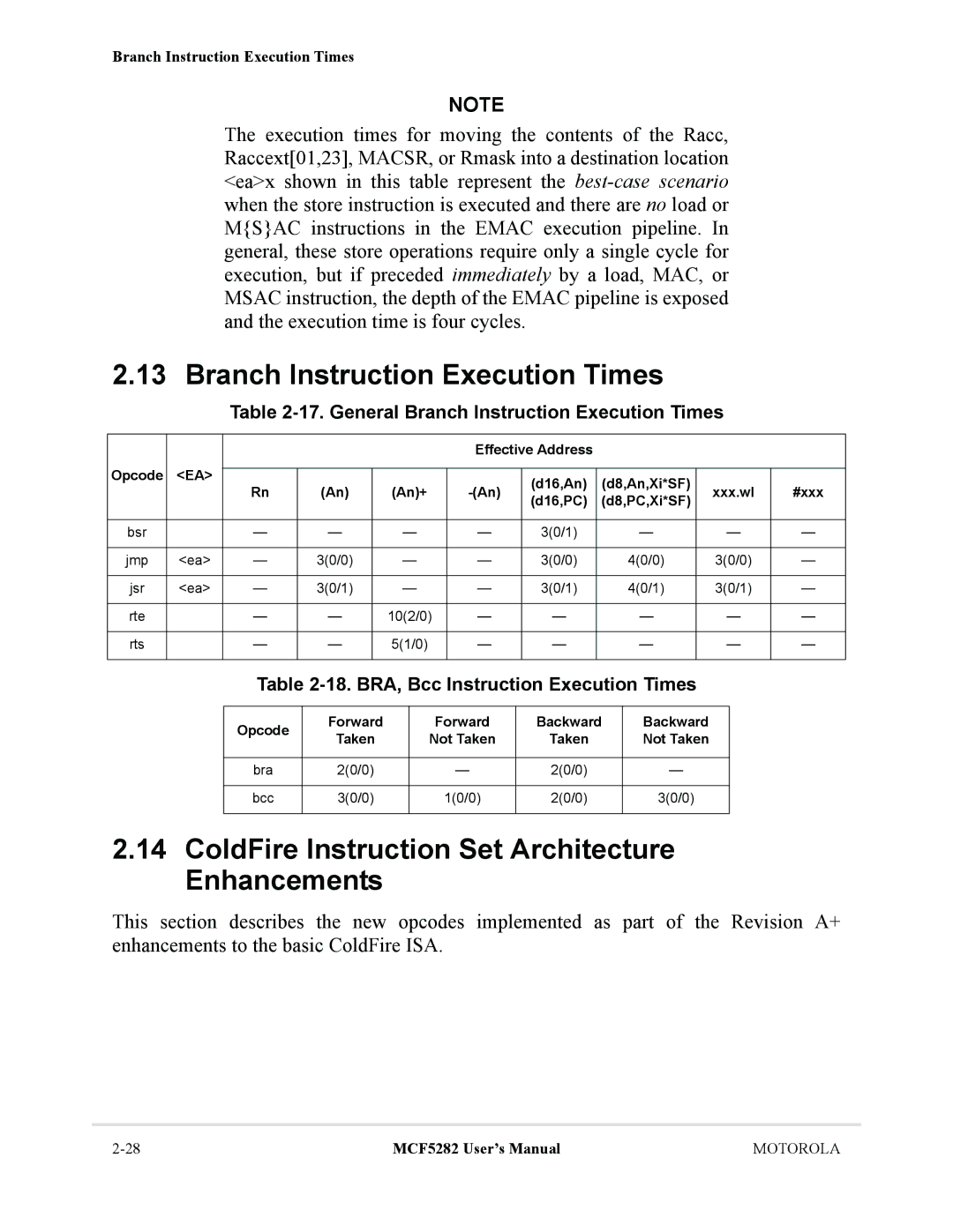 Motorola MCF5282, MCF5281 user manual Branch Instruction Execution Times, ColdFire Instruction Set Architecture Enhancements 