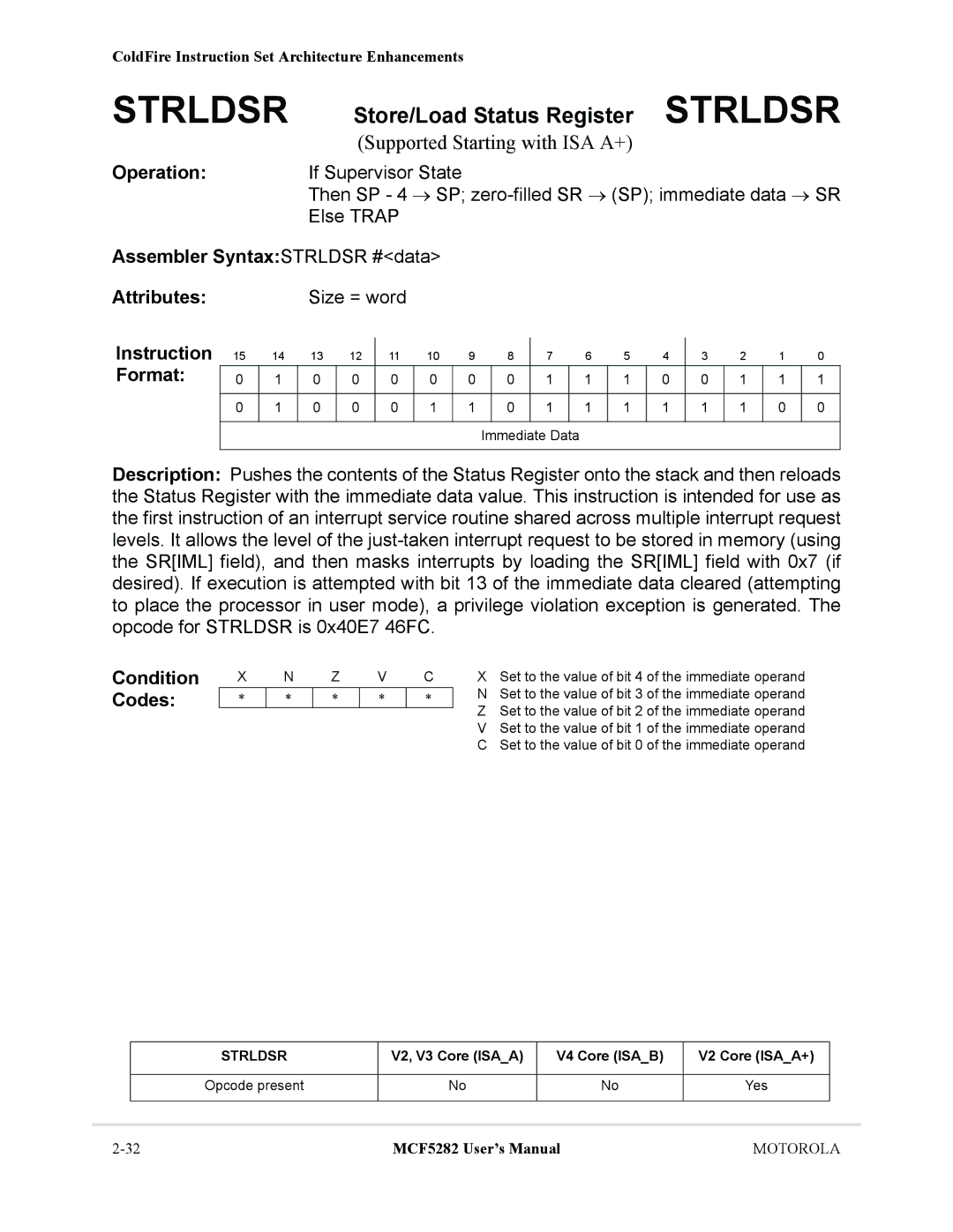 Motorola MCF5282 Store/Load Status Register Strldsr, Supported Starting with ISA A+, Assembler SyntaxSTRLDSR #data 