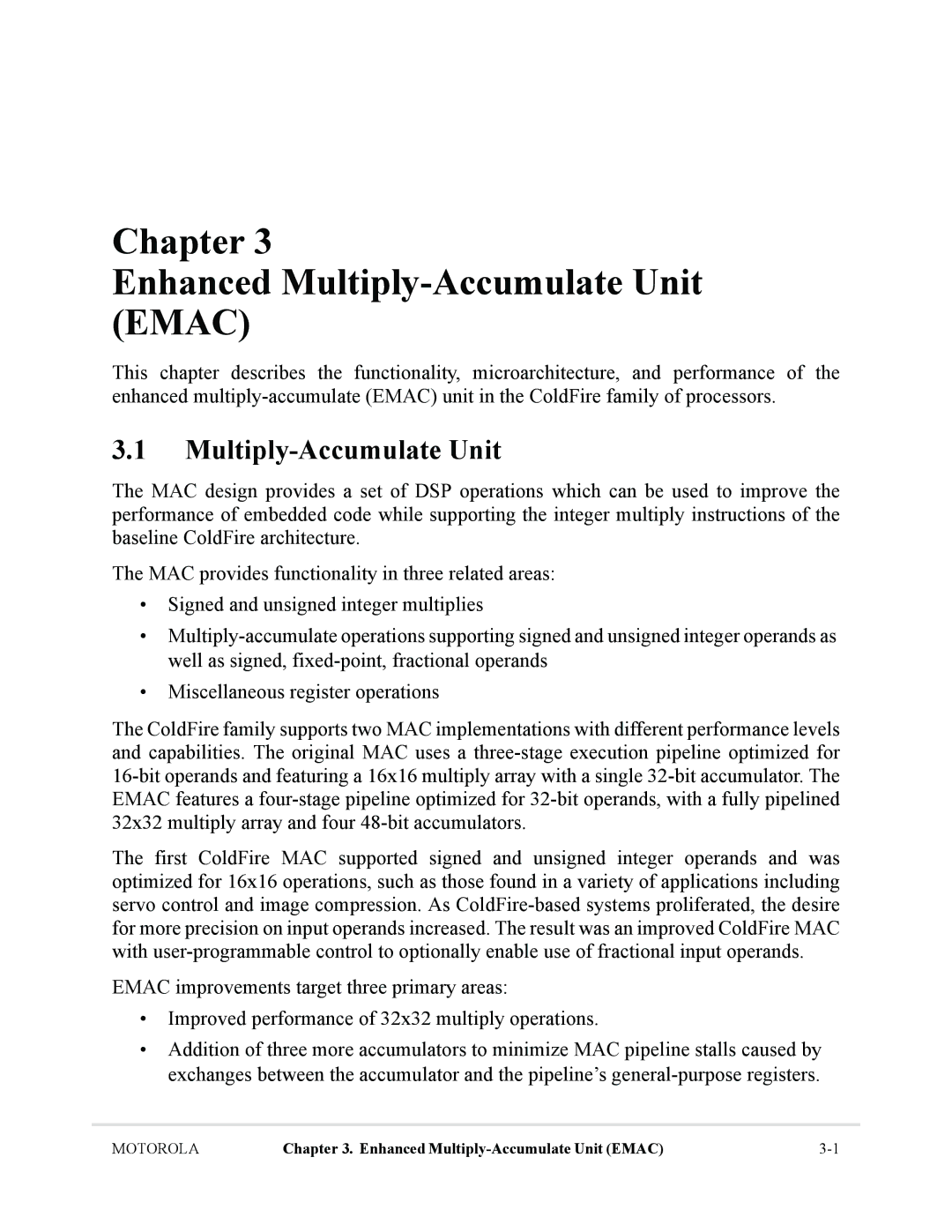 Motorola MCF5281, MCF5282 user manual Chapter Enhanced Multiply-Accumulate Unit Emac 