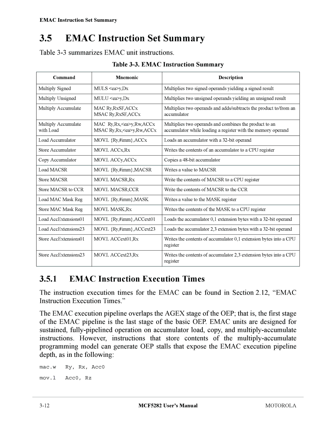 Motorola MCF5282 Emac Instruction Set Summary, Emac Instruction Execution Times, 3summarizes Emac unit instructions 