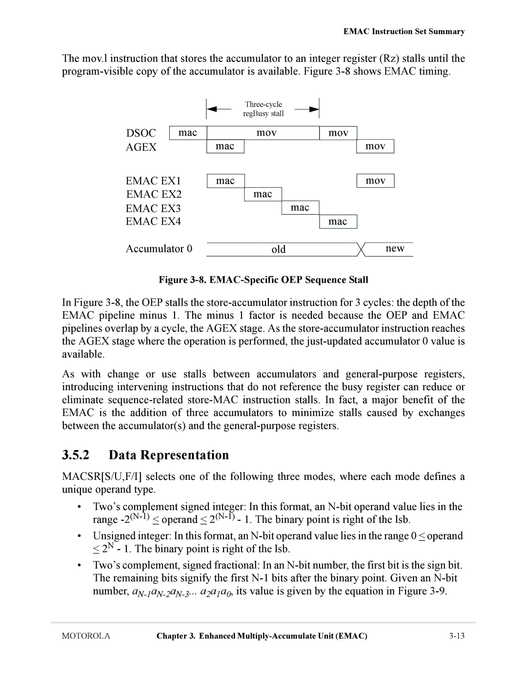 Motorola MCF5281, MCF5282 user manual Data Representation, Mac Mov, Accumulator Mac Old Mov New 