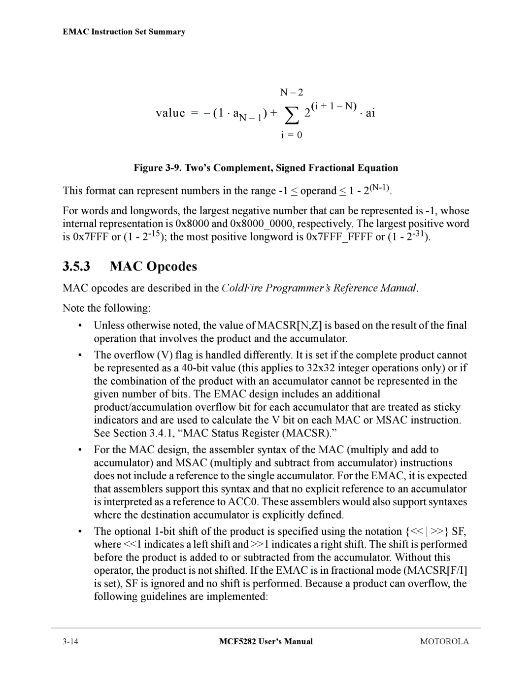 Motorola MCF5282, MCF5281 user manual MAC Opcodes, Two’s Complement, Signed Fractional Equation 