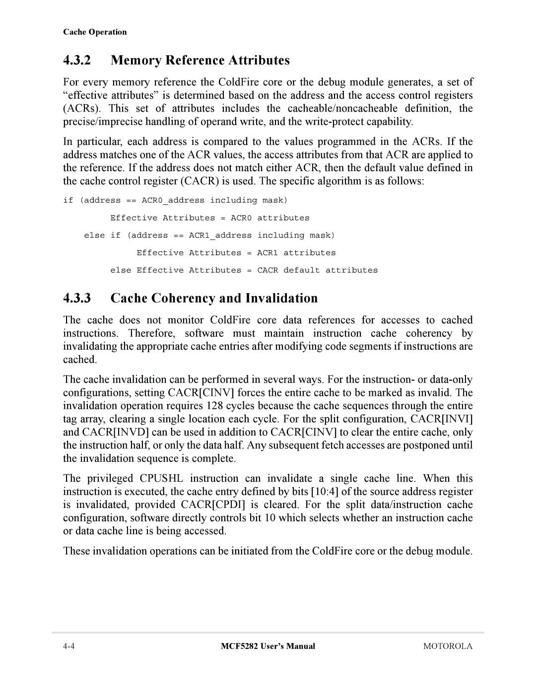 Motorola MCF5282, MCF5281 user manual Memory Reference Attributes, Cache Coherency and Invalidation 