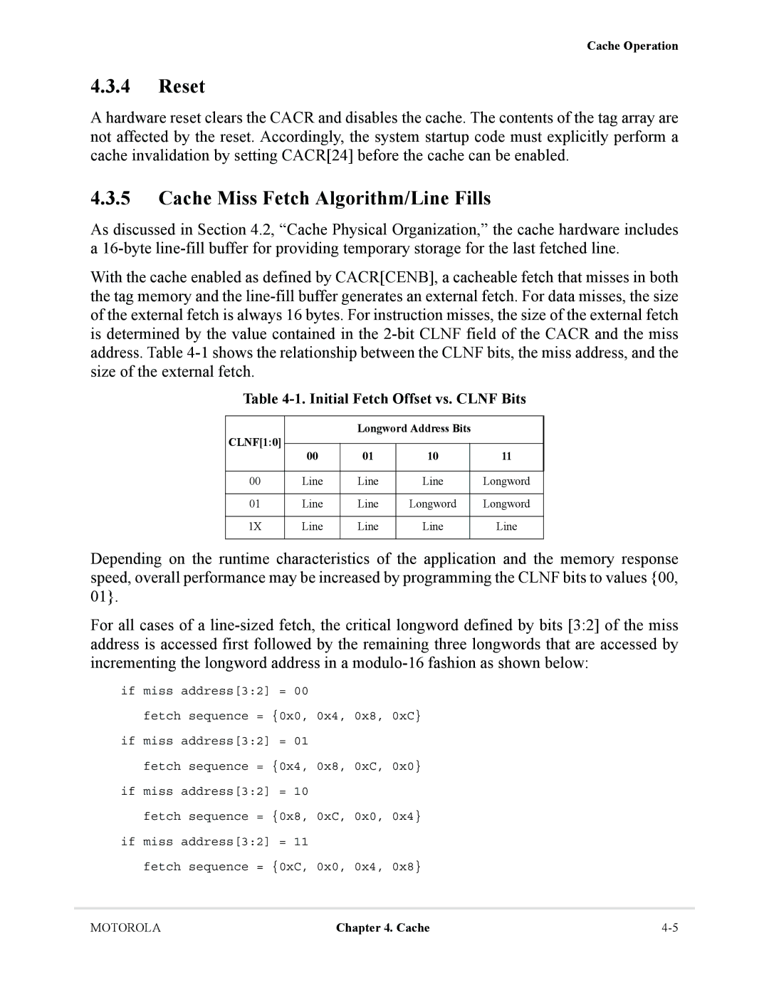 Motorola MCF5281 Cache Miss Fetch Algorithm/Line Fills, Initial Fetch Offset vs. Clnf Bits, CLNF10 Longword Address Bits 