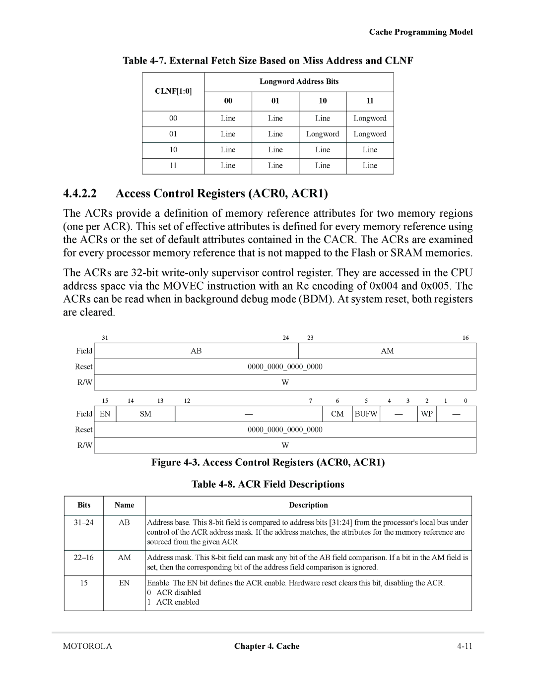 Motorola MCF5281, MCF5282 Access Control Registers ACR0, ACR1, External Fetch Size Based on Miss Address and Clnf, Bufw 