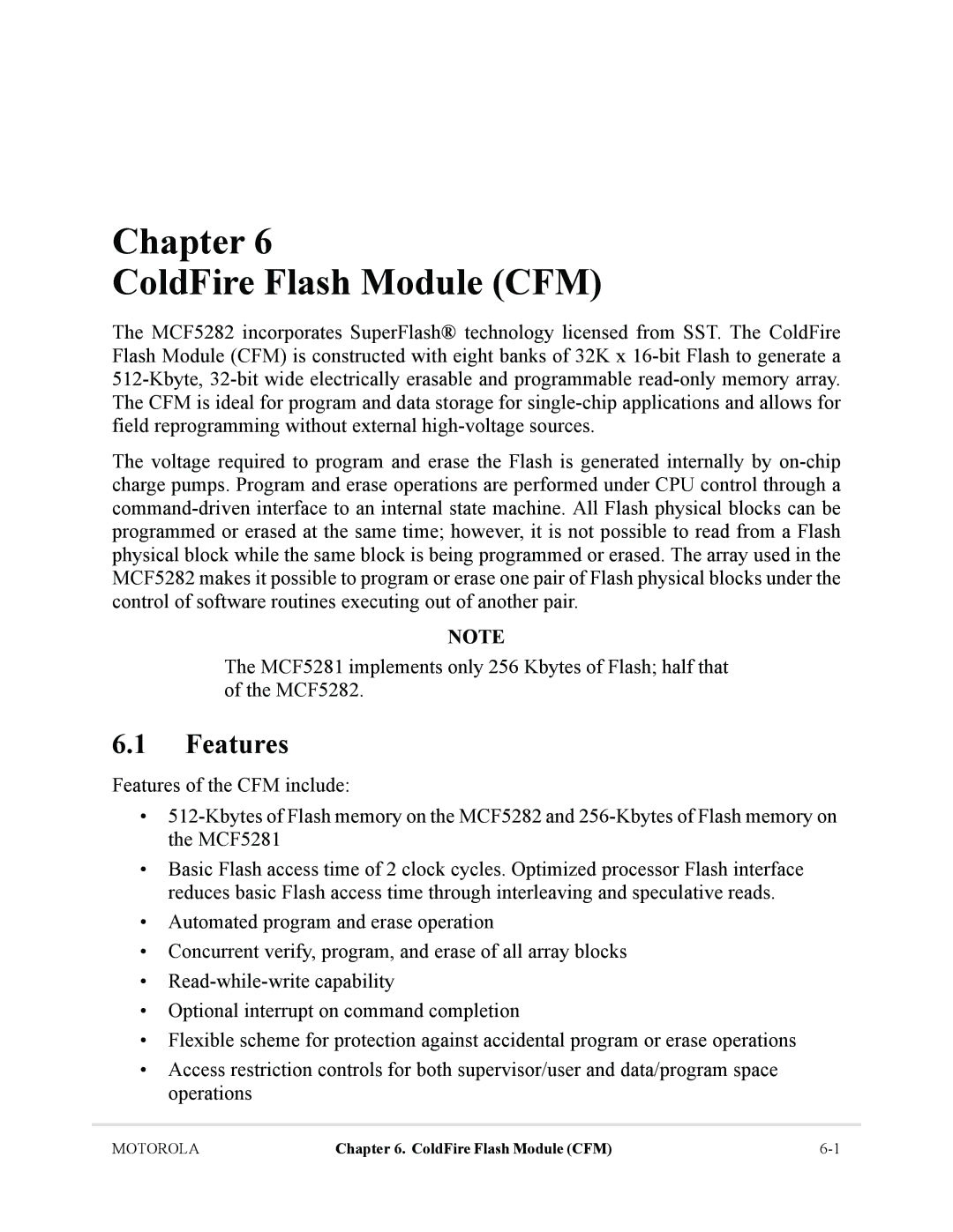 Motorola MCF5281, MCF5282 user manual Chapter ColdFire Flash Module CFM, Features 