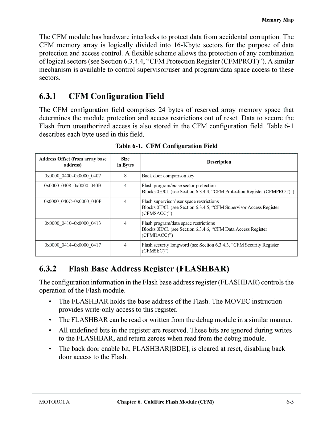 Motorola MCF5281, MCF5282 user manual CFM Configuration Field, Flash Base Address Register Flashbar 