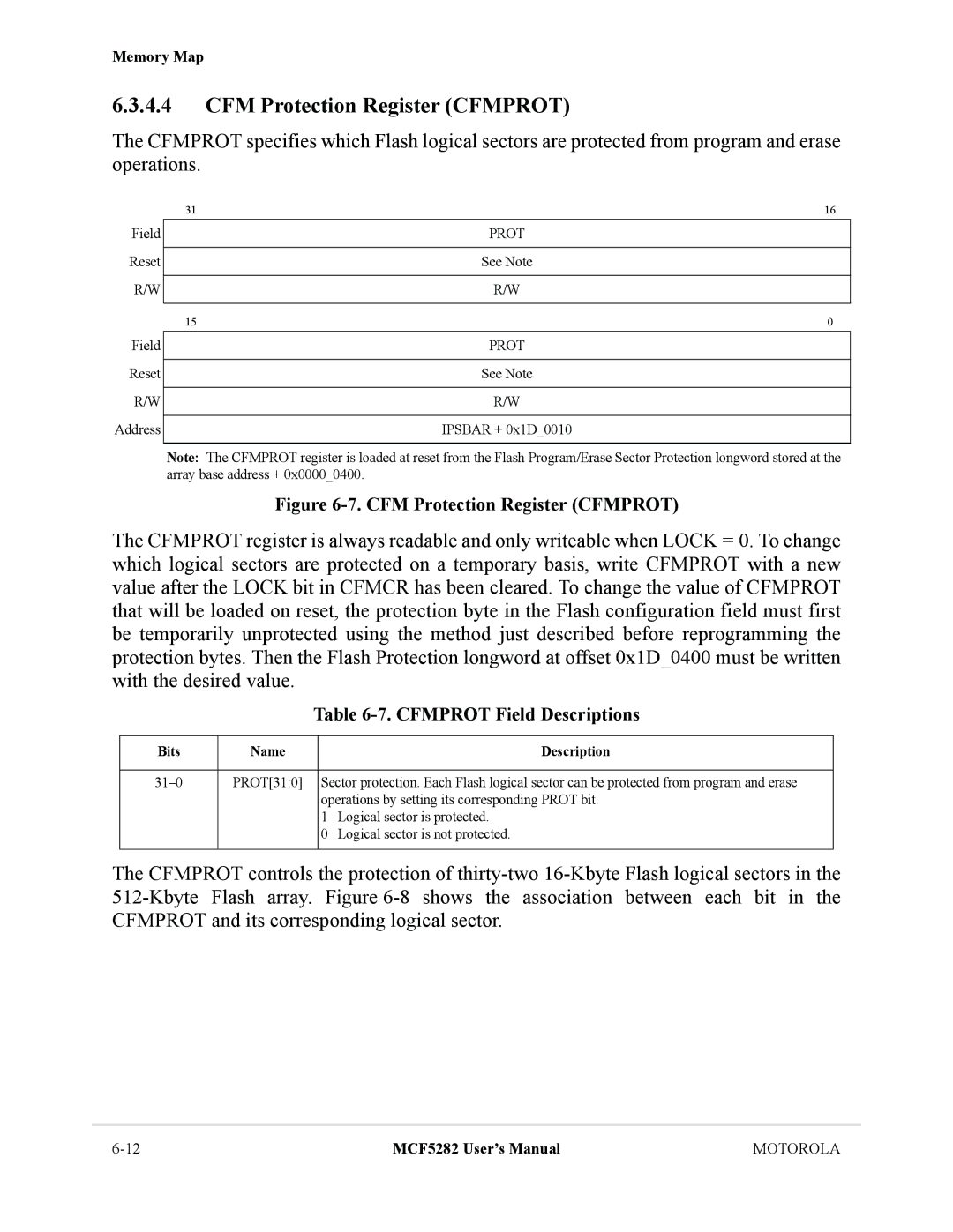 Motorola MCF5282, MCF5281 user manual CFM Protection Register Cfmprot, Cfmprot Field Descriptions 