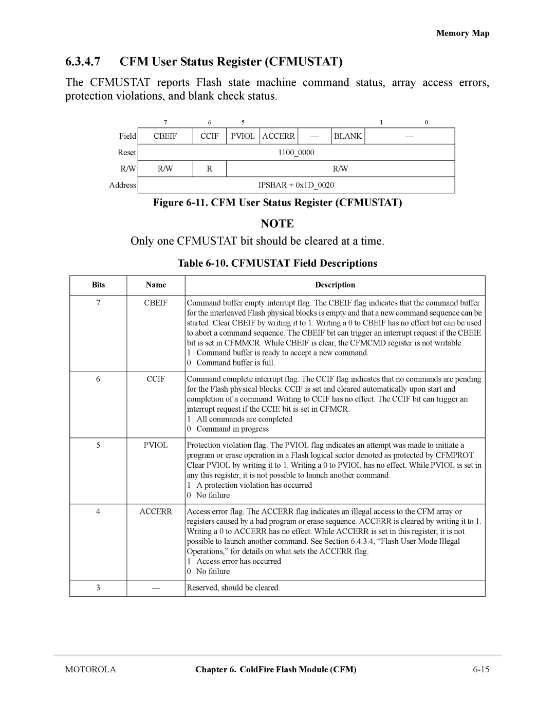 Motorola MCF5281, MCF5282 CFM User Status Register Cfmustat, Only one Cfmustat bit should be cleared at a time, Cbeif 