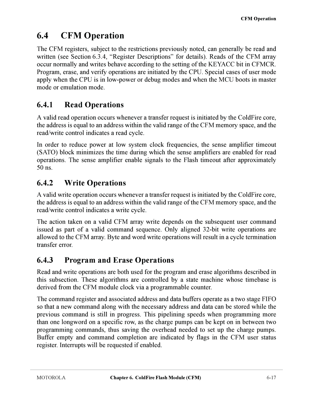 Motorola MCF5281, MCF5282 user manual CFM Operation, Read Operations, Write Operations, Program and Erase Operations 