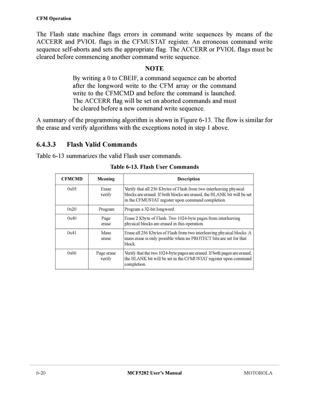 Motorola MCF5282, MCF5281 user manual Flash Valid Commands, 13summarizes the valid Flash user commands, Flash User Commands 