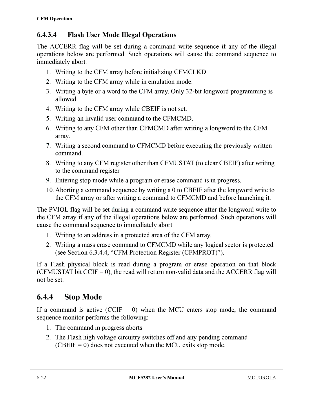 Motorola MCF5282, MCF5281 user manual Stop Mode, Flash User Mode Illegal Operations 