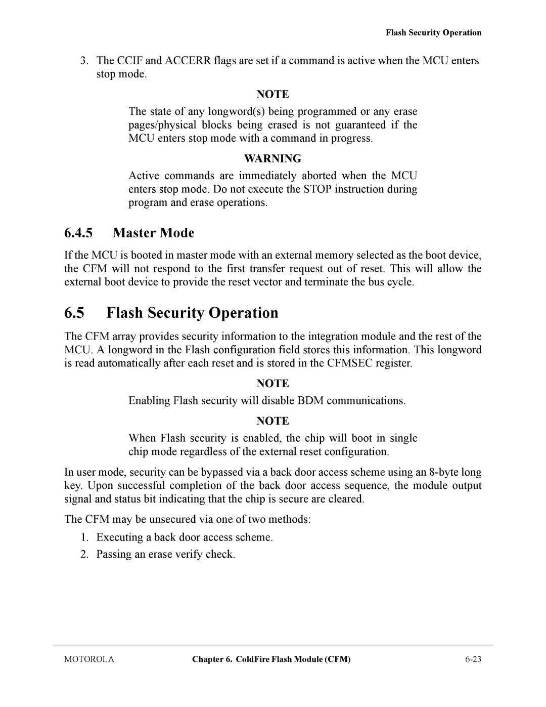 Motorola MCF5281, MCF5282 user manual Flash Security Operation, Master Mode 