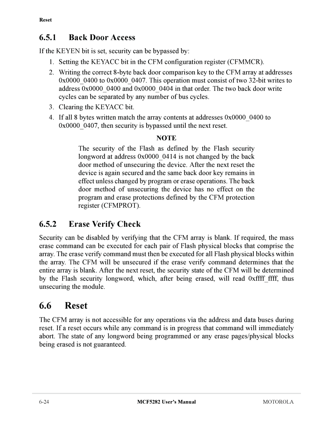 Motorola MCF5282, MCF5281 user manual Reset, Back Door Access, Erase Verify Check 