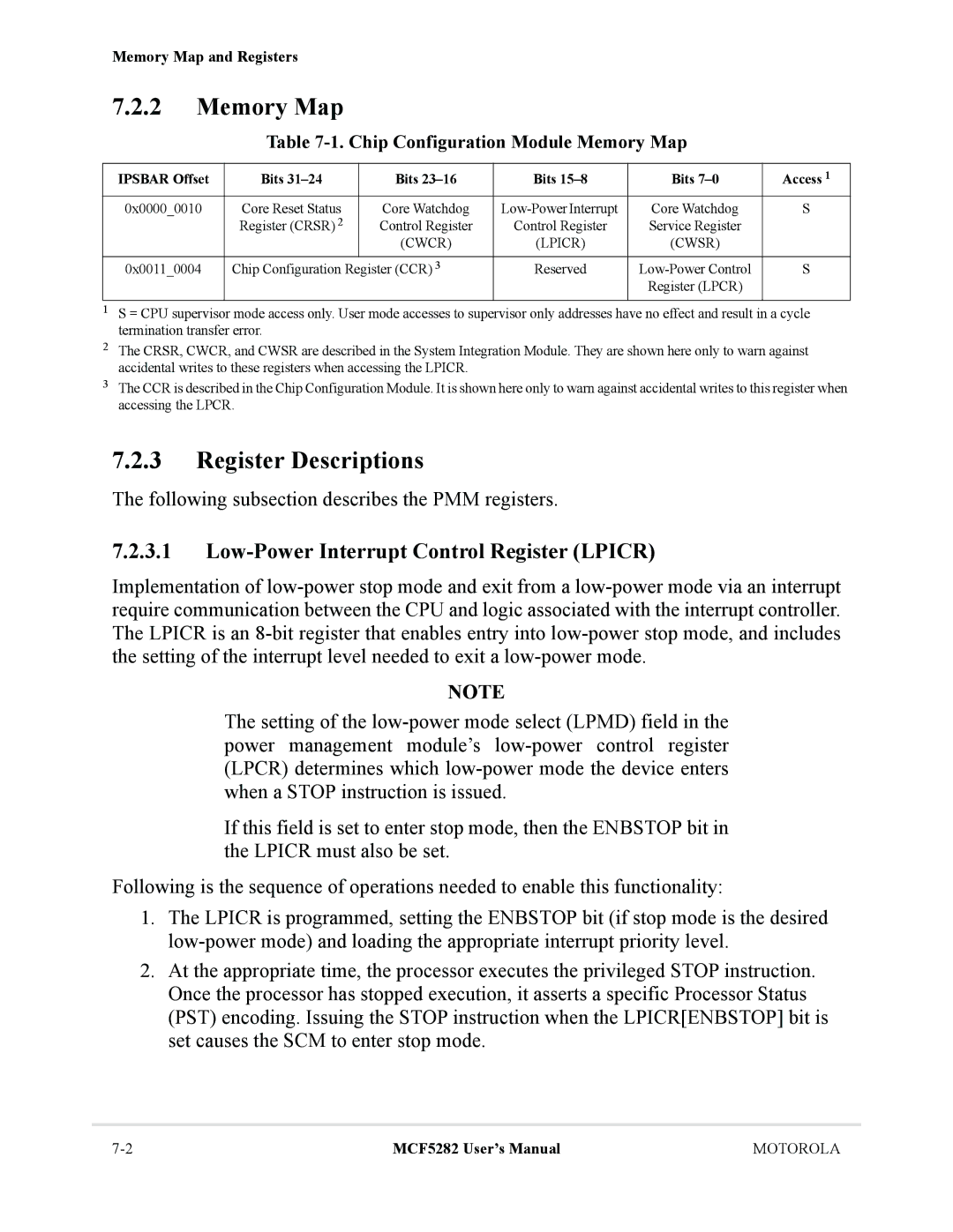 Motorola MCF5282 Memory Map, Low-Power Interrupt Control Register Lpicr, Following subsection describes the PMM registers 