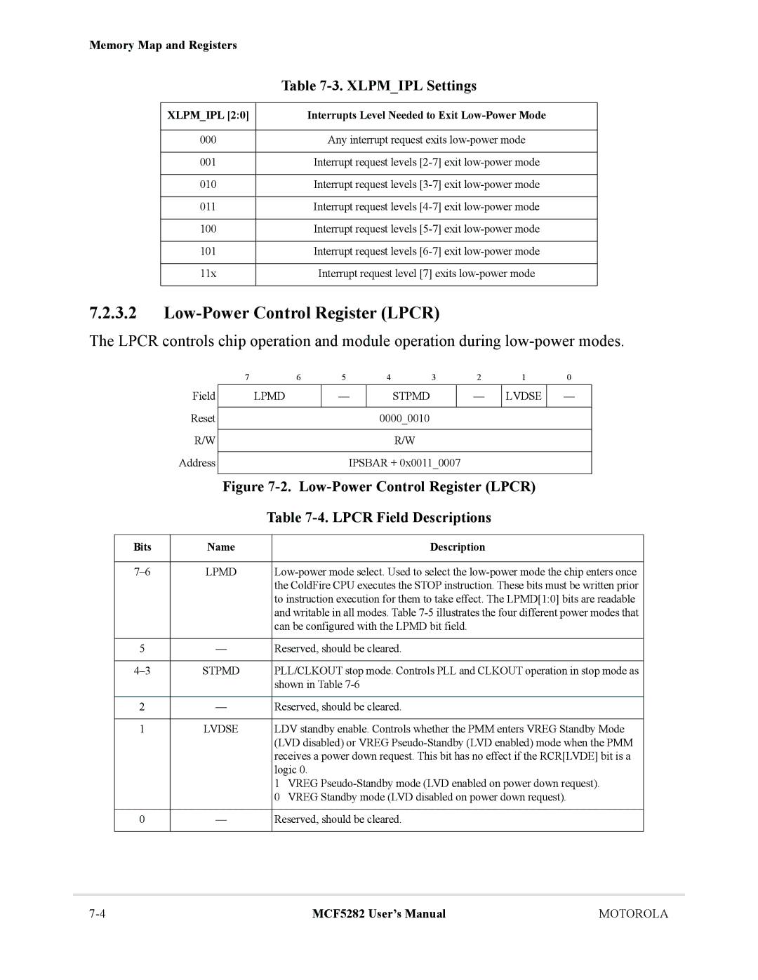 Motorola MCF5282 Low-Power Control Register Lpcr, Xlpmipl Settings, Xlpmipl Interrupts Level Needed to Exit Low-Power Mode 