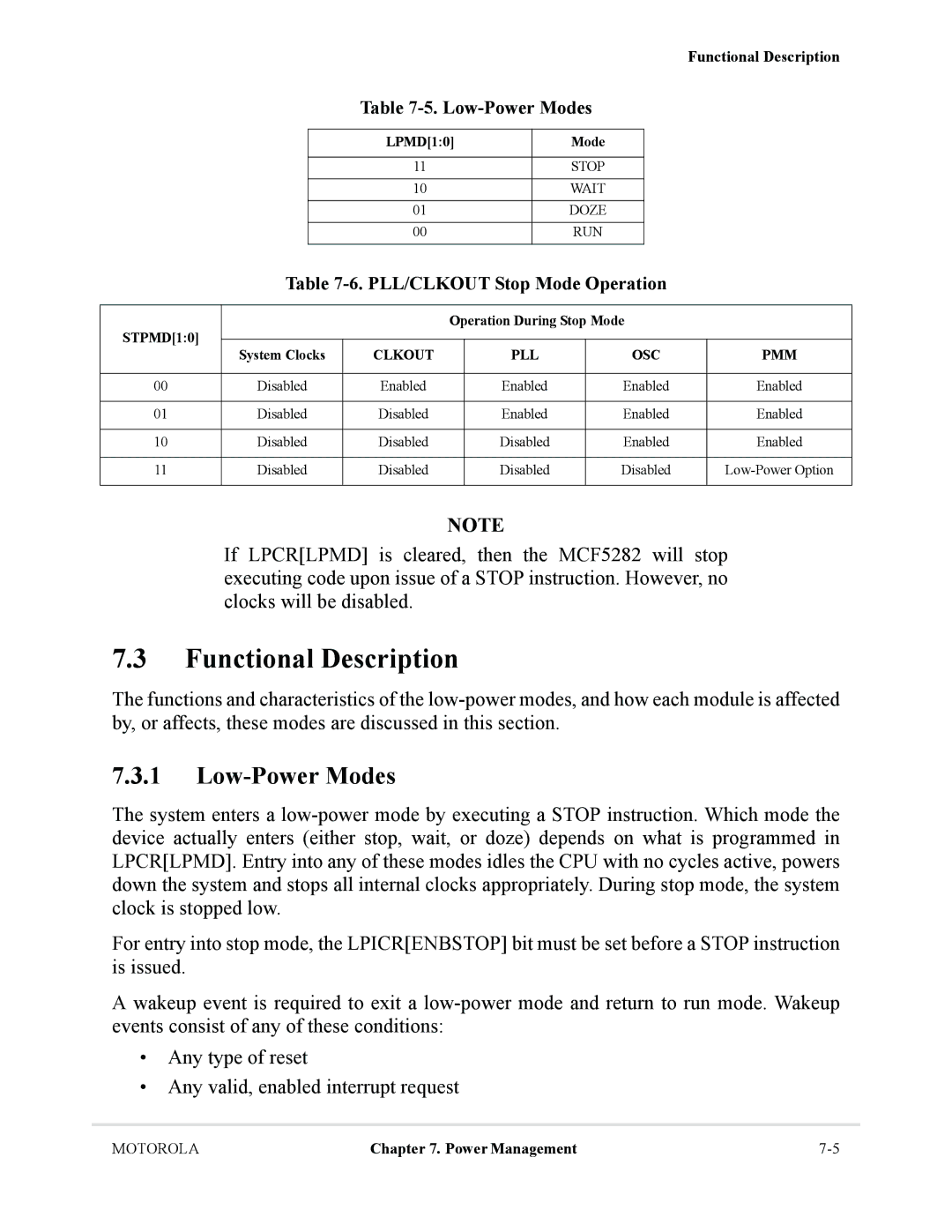 Motorola MCF5281, MCF5282 user manual Functional Description, Low-Power Modes, PLL/CLKOUT Stop Mode Operation 