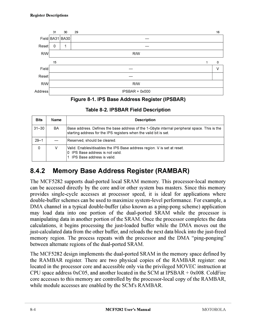 Motorola MCF5282, MCF5281 user manual Memory Base Address Register Rambar, Ipsbar Field Description 