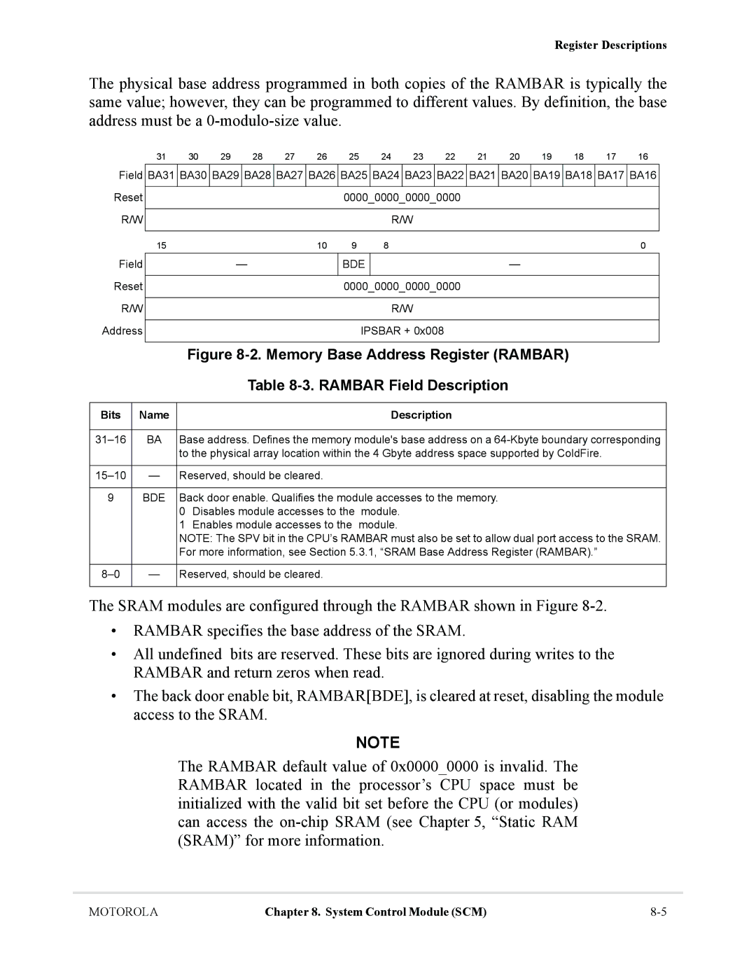 Motorola MCF5281, MCF5282 user manual Memory Base Address Register Rambar Rambar Field Description, Bde 